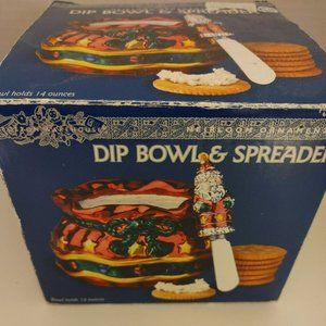 Christmas Dip Bowl & Spreader Knife 14oz Colorful Heirloom Ornaments Santa's Bag